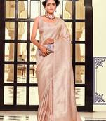 Kimisha women's peach silk blend kanjeevaram saree with unstitched blouse piece