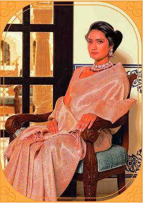 Kimisha women's peach silk blend kanjeevaram saree with unstitched blouse piece 2