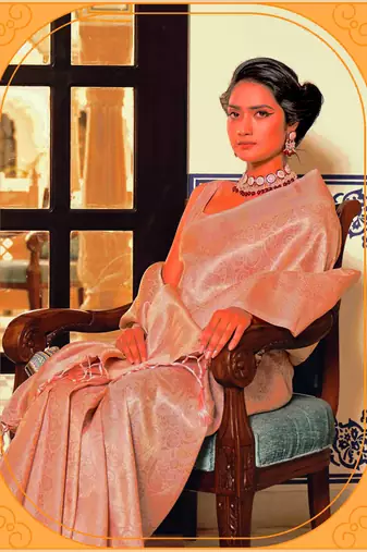 Kimisha women's peach silk blend kanjeevaram saree with unstitched blouse piece