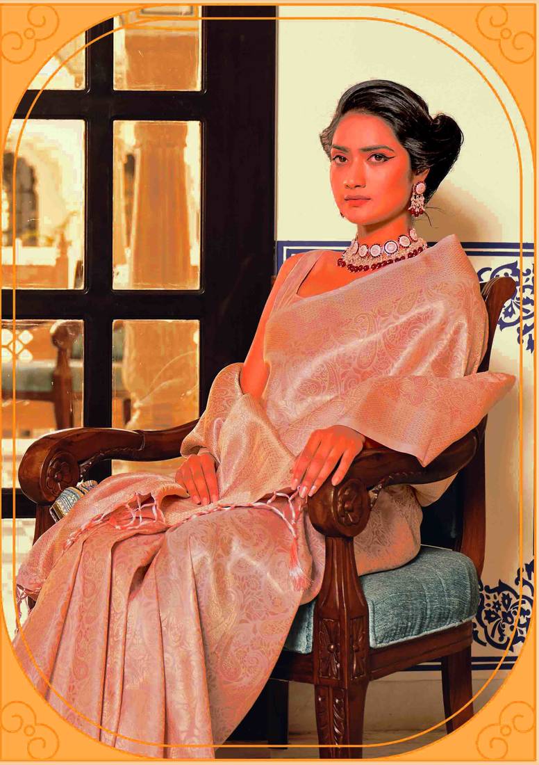 Kimisha women's peach silk blend kanjeevaram saree with unstitched blouse piece