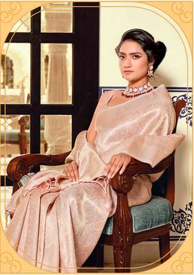 Kimisha women's peach silk blend kanjeevaram saree with unstitched blouse piece 2