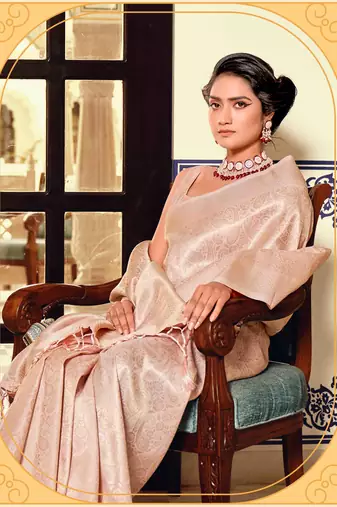 Kimisha women's peach silk blend kanjeevaram saree with unstitched blouse piece