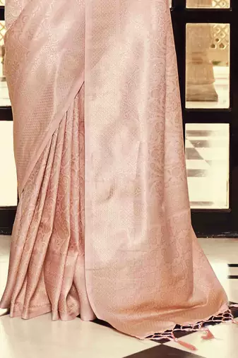 Kimisha women's peach silk blend kanjeevaram saree with unstitched blouse piece