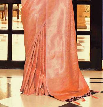 Kimisha women's peach silk blend kanjeevaram saree with unstitched blouse piece 4