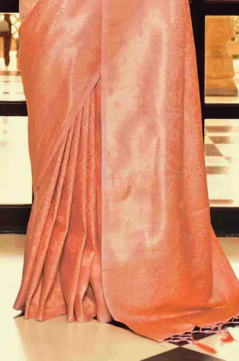 Kimisha women's peach silk blend kanjeevaram saree with unstitched blouse piece