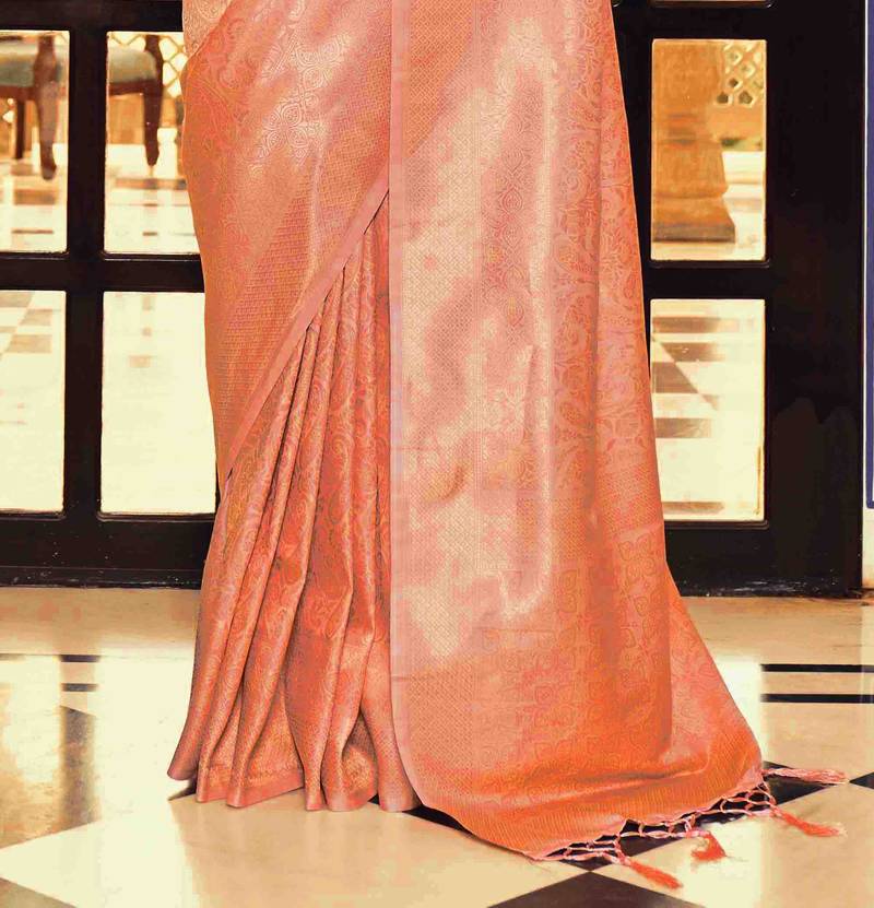 Kimisha women's peach silk blend kanjeevaram saree with unstitched blouse piece