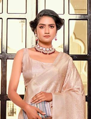 Kimisha women's peach silk blend kanjeevaram saree with unstitched blouse piece 4