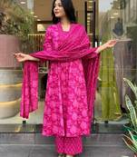 Beautiful cotton flower printed neckline worked pink kurta and pant with cotton malmal dupatta