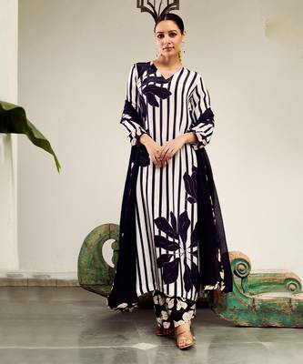 Summer sorbet black big flower stripe digital printed kurta set 1