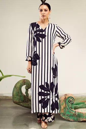 Summer sorbet black big flower stripe digital printed kurta set