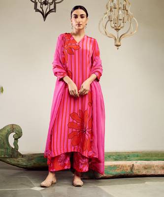 Summer sorbet hot pink big flower stripe digital printed kurta set 1