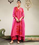 Summer sorbet hot pink big flower stripe digital printed kurta set