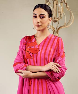 Summer sorbet hot pink big flower stripe digital printed kurta set 2