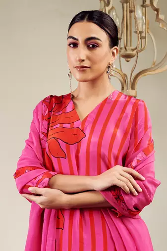 Summer sorbet hot pink big flower stripe digital printed kurta set