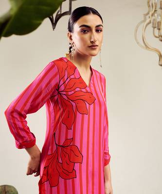 Summer sorbet hot pink big flower stripe digital printed kurta set 3