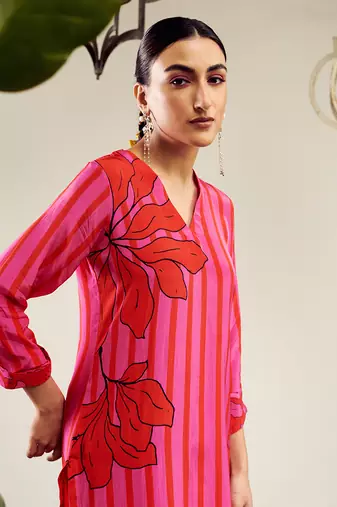 Summer sorbet hot pink big flower stripe digital printed kurta set