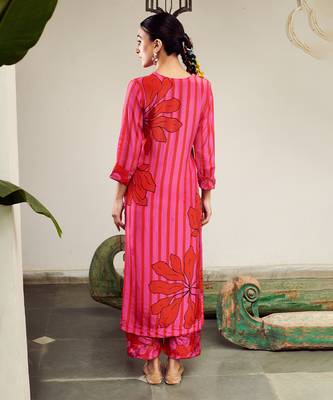Summer sorbet hot pink big flower stripe digital printed kurta set 4