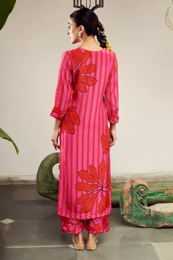 Summer sorbet hot pink big flower stripe digital printed kurta set