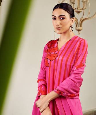 Summer sorbet hot pink big flower stripe digital printed kurta set 5