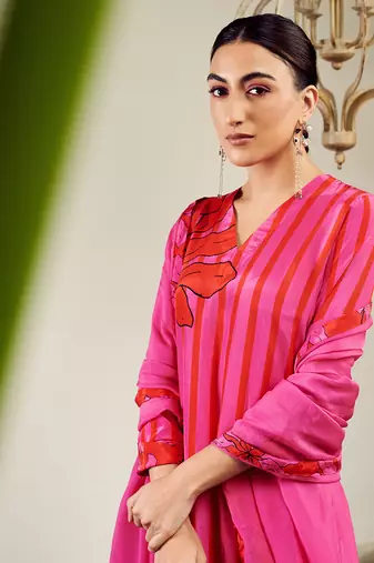 Summer sorbet hot pink big flower stripe digital printed kurta set