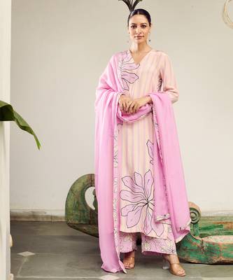 Summer sorbet lilac big flower stripe digital printed kurta set 1