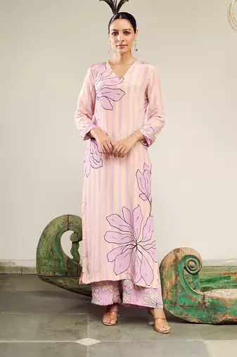 Summer sorbet lilac big flower stripe digital printed kurta set