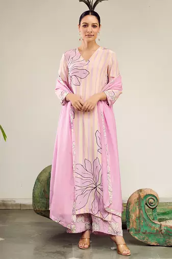 Summer sorbet lilac big flower stripe digital printed kurta set