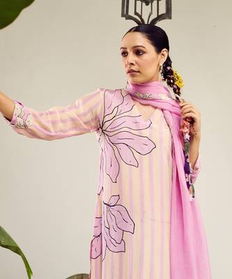 Summer sorbet lilac big flower stripe digital printed kurta set 5