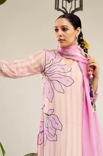 Summer sorbet lilac big flower stripe digital printed kurta set