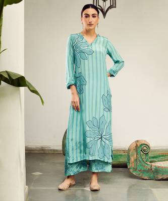 Summer sorbet aqua big flower stripe digital printed kurta set 1