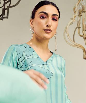 Summer sorbet aqua big flower stripe digital printed kurta set 2