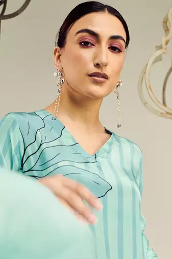 Summer sorbet aqua big flower stripe digital printed kurta set