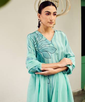 Summer sorbet aqua big flower stripe digital printed kurta set 3