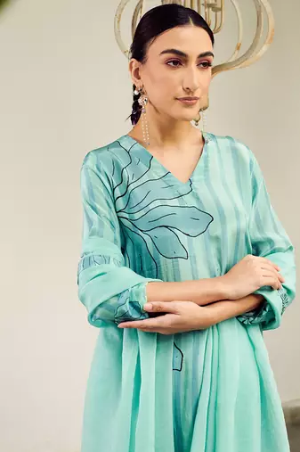 Summer sorbet aqua big flower stripe digital printed kurta set