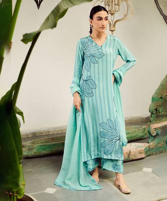 Summer sorbet aqua big flower stripe digital printed kurta set 4