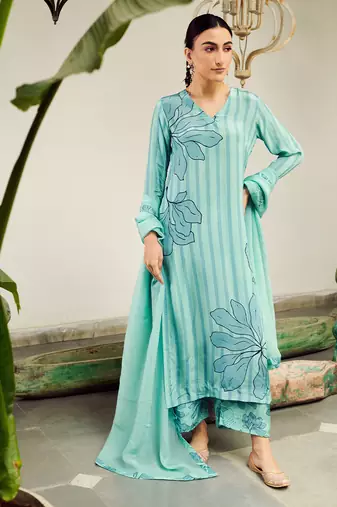 Summer sorbet aqua big flower stripe digital printed kurta set