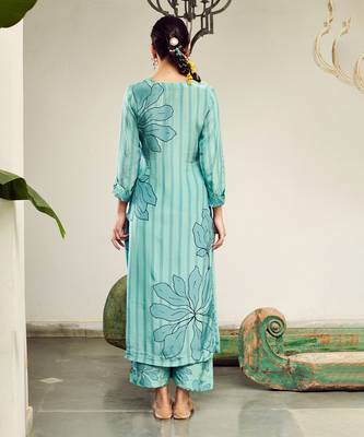 Summer sorbet aqua big flower stripe digital printed kurta set 5
