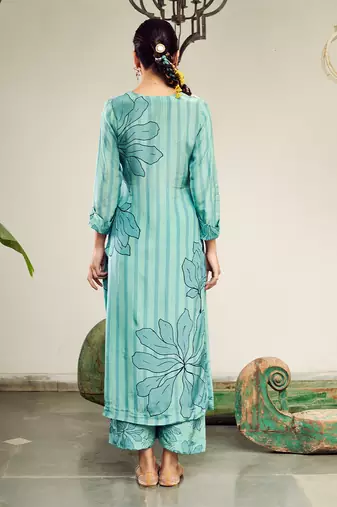 Summer sorbet aqua big flower stripe digital printed kurta set