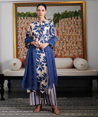 Summer sorbet ink blue digital printed kurta  with stripe pants set 1