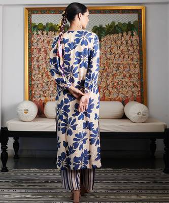 Summer sorbet ink blue digital printed kurta  with stripe pants set 2