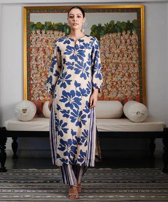 Summer sorbet ink blue digital printed kurta  with stripe pants set 3