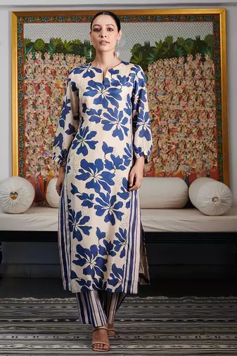 Summer sorbet ink blue digital printed kurta  with stripe pants set
