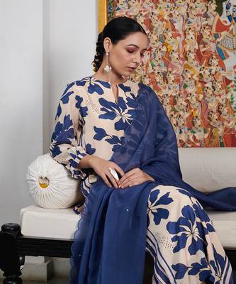 Summer sorbet ink blue digital printed kurta  with stripe pants set 5