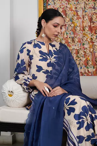 Summer sorbet ink blue digital printed kurta  with stripe pants set