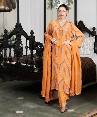 Summer sorbet mustard orange abstract digital printed kurta set 1