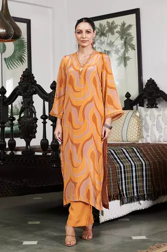 Summer sorbet mustard orange abstract digital printed kurta set