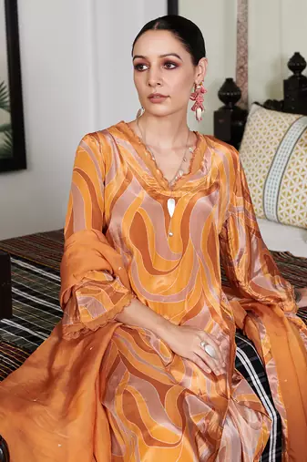 Summer sorbet mustard orange abstract digital printed kurta set