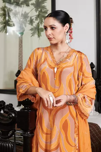 Summer sorbet mustard orange abstract digital printed kurta set