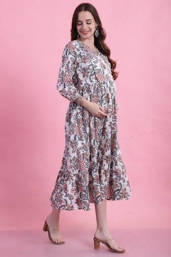 women's pure cotton jaipuri printed maternity gown with zipper for women