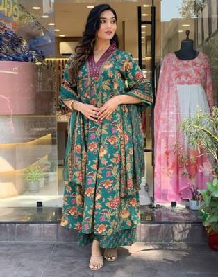 Green beautiful cotton flower printed neckline worked kurta and palazzo with cotton dupatta 1